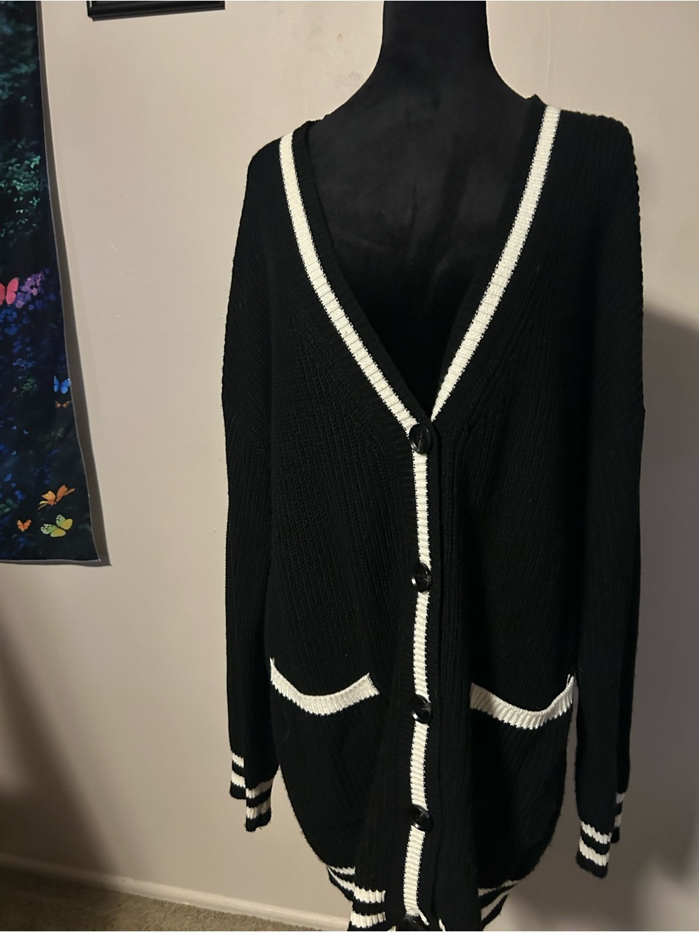 SHEIN Black Cardigan with White Trim and Front Pockets